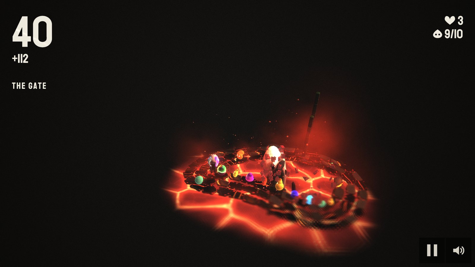 A full line of creatures in the Magma Field, with the gate turning ahead.