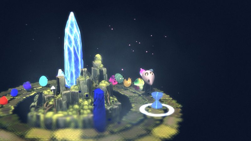 Kai running the Moss Ring, the first world, with a line of colourful creatures behind him and a tall blue crystal in the middle of the island